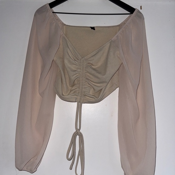 SHEIN Tops - SHEIN Cream Ruched Tie Front Crop Blouse